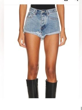 superdown Light Blue High-Waist Distressed Denim Shorts